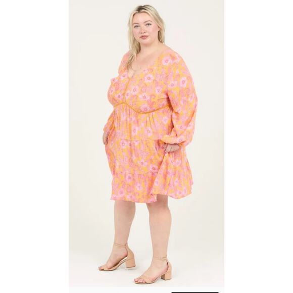 Romantic Gypsy Orange Pink Floral Long Sleeve V-Neck Rayon Flowy Boho Dress 4X - Picture 5 of 9